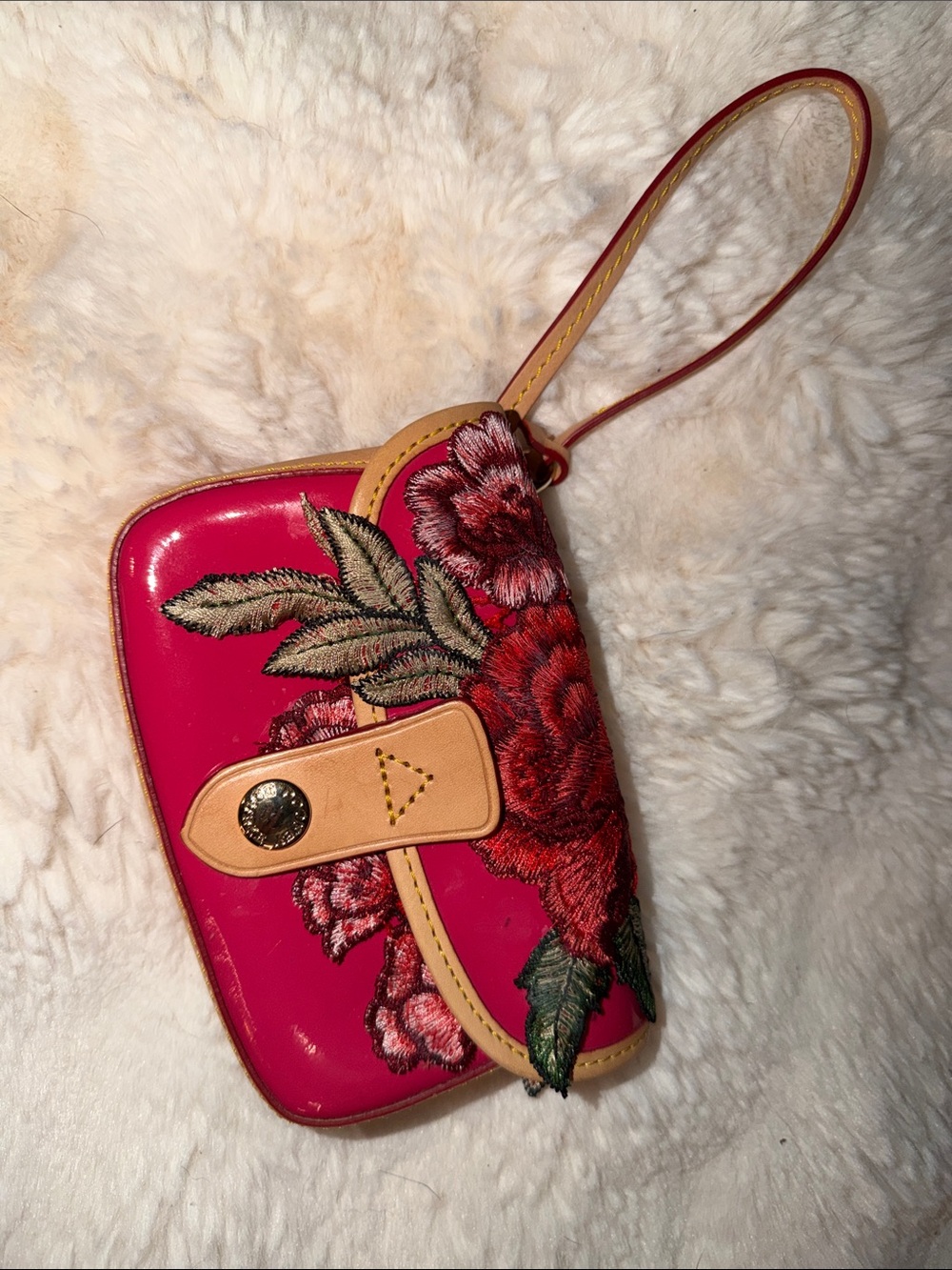 Dooney Burke Hot Pink Floral Embroidered Wristlet with Tan Trim